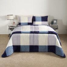 (Teddy Gingham Navy, Double) OHS Coverless Quilted Duvet with Pillowcase Set Soft Fleece Teddy Sherpa Cable Knit 7.5/10.5 TOG All Year Round Summer Winter Camping