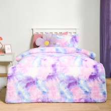 (Teddy Lilac Tie Dye, Single) OHS Coverless Quilted Duvet with Pillowcase Set Soft Fleece Teddy Sherpa Cable Knit 7.5/10.5 TOG All Year Round Summer Winter Camping