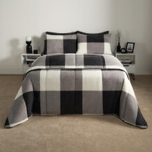 (Teddy Gingham Grey, Double) OHS Coverless Quilted Duvet with Pillowcase Set Soft Fleece Teddy Sherpa Cable Knit 7.5/10.5 TOG All Year Round Summer Winter Camping