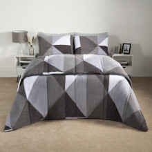 (Teddy Geo Grey, Double) OHS Coverless Quilted Duvet with Pillowcase Set Soft Fleece Teddy Sherpa Cable Knit 7.5/10.5 TOG All Year Round Summer Winter Camping