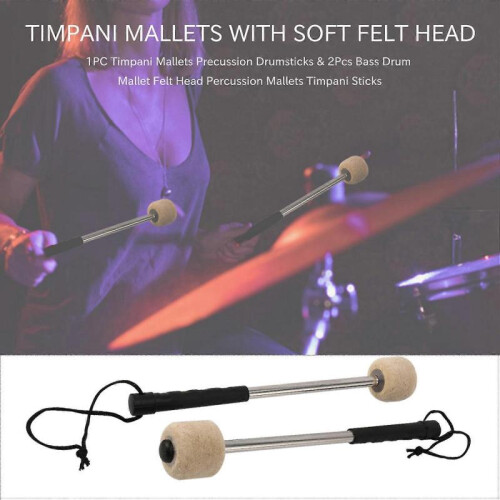 2Pcs Drum Mallet Felt Head Percussion Mallets Timpani Sticks with Stainless Steel Handle,White 2