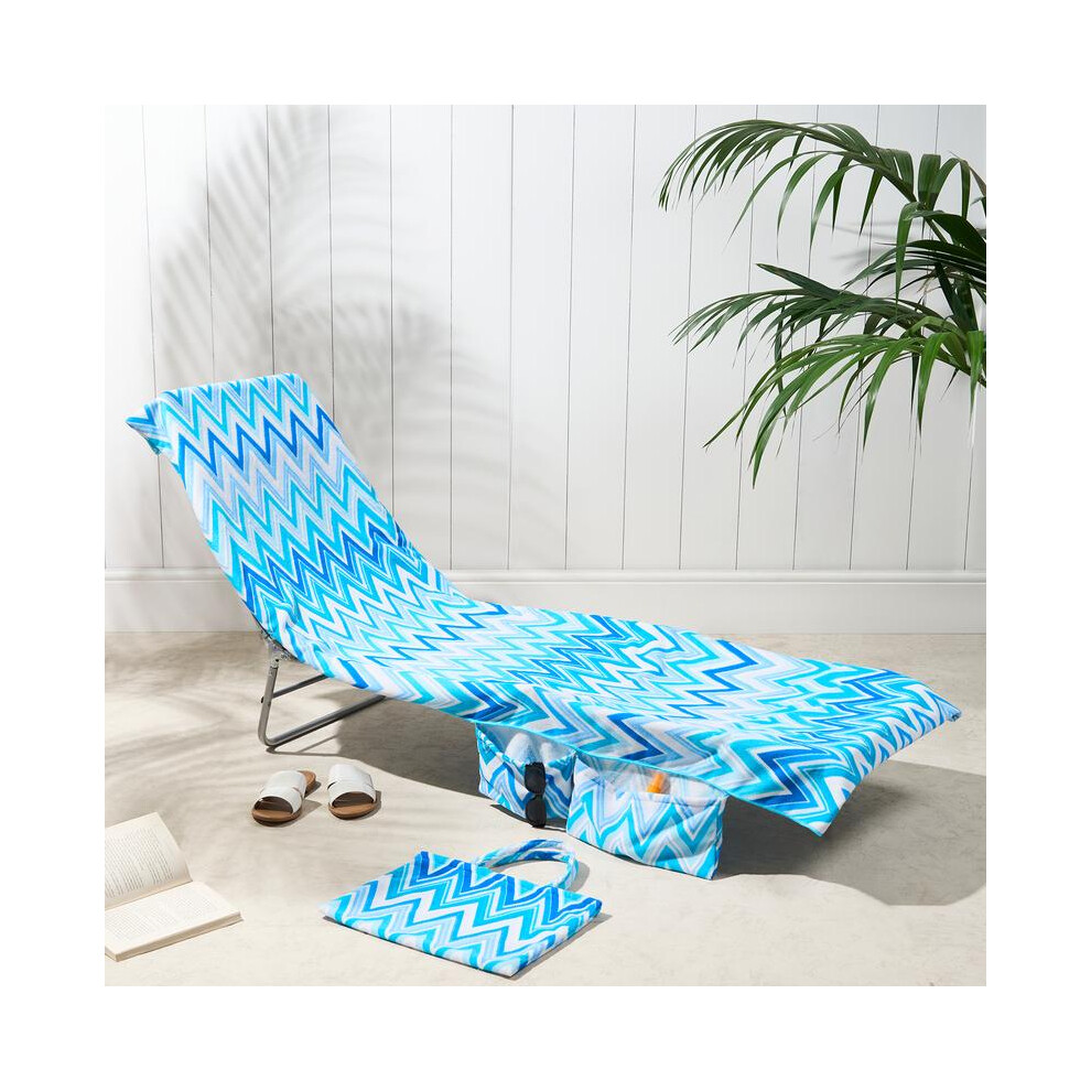 (Zigzag - Blue) OHS Sun Lounger Towel with Pockets Storage in a Bag, Large Sunbed Beach Towels Travel Lightweight Pool Spa Holiday Accessories Microfi-image-OPC-PKQDYJB-NEW