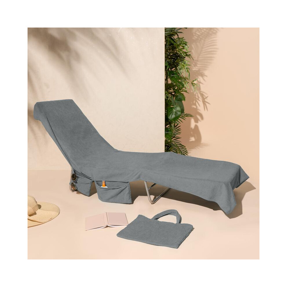 (Charcoal) OHS Sun Lounger Towel with Pockets Storage in a Bag, Large Sunbed Beach Towels Travel Lightweight Pool Spa Holiday Accessories Microfiber-image-OPC-PKQDYHT-NEW