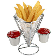 Fry Stand Holder Stainless Steel Cone Snack Display Rack With Sauce Dippers Double Cup Wire Basket For Fried Chicken