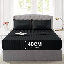 (BLACK, King) Stripe Fitted Sheet 40cm Extra Deep Pocket – Soft Microfiber Stripe Fitted Sheet Only, Snug Fit for Thick Mattresses. Available in Single,