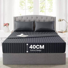 (CHARCOAL, 2 Stripe Pillowcases) Stripe Fitted Sheet 40cm Extra Deep Pocket – Soft Microfiber Stripe Fitted Sheet Only, Snug Fit for Thick Mattresses. Available in Single,