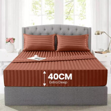 (RUST, 2 Stripe Pillowcases) Stripe Fitted Sheet 40cm Extra Deep Pocket – Soft Microfiber Stripe Fitted Sheet Only, Snug Fit for Thick Mattresses. Available in Single,