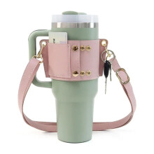 Water Bottle Holder 1 Piece Universal PU Leather Shoulder Strap Carrier For 30Oz/40Oz Pink Travel Coffee Mug Holder