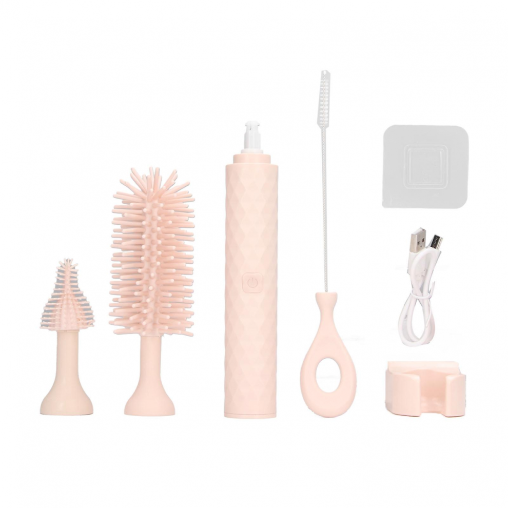 Brosse de nettoyage pour biberons, étanche IP65, électrique, rotative à 2 vitesses, poils en silicone, brosse à paille en silicone, rose