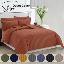 (Brown, Double) Satin Stripe Set with Pillowcase Duvet Quilt Cover Anti-Allergy Machine Washable Reversible Ultra Soft Hypoallergenic Microfiber Bed Covers