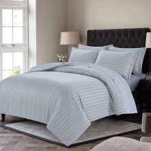(Silver, Double) Satin Stripe Set with Pillowcase Duvet Quilt Cover Anti-Allergy Machine Washable Reversible Ultra Soft Hypoallergenic Microfiber Bed Covers