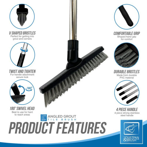 (Grey) Tile and Grout Cleaning Made Easy - Long Handled Angled Scrubbing Brush 2