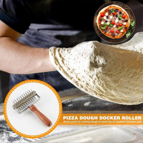 Stainless Steel Dough Docker, Time-Saver Pizza Dough Roller Docker with Wood Handle, Pizza Wheel 1