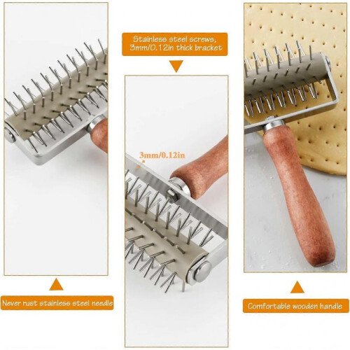 Stainless Steel Dough Docker, Time-Saver Pizza Dough Roller Docker with Wood Handle, Pizza Wheel 2