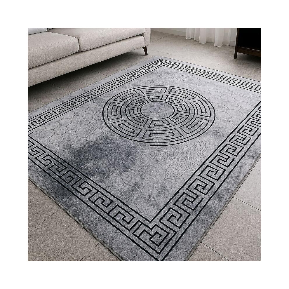 (Greeky Grey, 140Ã170cm) Greek and Turkish Patterned Teddy Rugs - Soft, Non-Slip, 200x300cm | Stylish Area large Rugs for Living Room and Bedroom-image-OPC-PKQGPXD-NEW