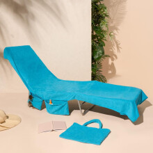 (Sea Blue) OHS Sun Lounger Towel with Pockets Storage in a Bag, Large Sunbed Beach Towels Travel Lightweight Pool Spa Holiday Accessories Microfiber