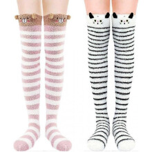 Knee high socks, fluffy coral fleece socks, cute ladies socks