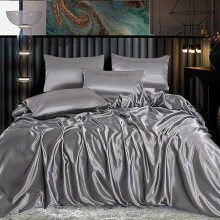 (SILVER, Double) Satin Silk Bedding Set – 6 Piece Set with Fitted Sheet, Duvet Cover & 4 Pillowcases – Ultra Soft, Smooth & Shiny Finish – 17 Solid Colours