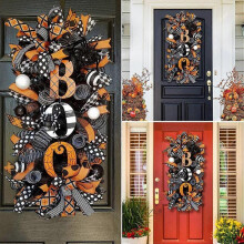Halloween Wreath for Front Door Hanging Decoration Halloween BOO Swag Mesh and Pumpkin Porch Sign