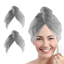 Microfiber Hair Towel Wrap for Women, 2 Pack 10 inch X 26 inch Super Absorbent Quick Dry Hair Turban for Drying Curly Long Thick Hair (Gray)