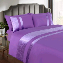 (Purple, Double) Luxury Crushed Velvet Panel Band Duvet Cover Set