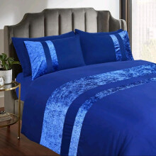 (Royal Blue, Single) Luxury Crushed Velvet Panel Band Duvet Cover Set