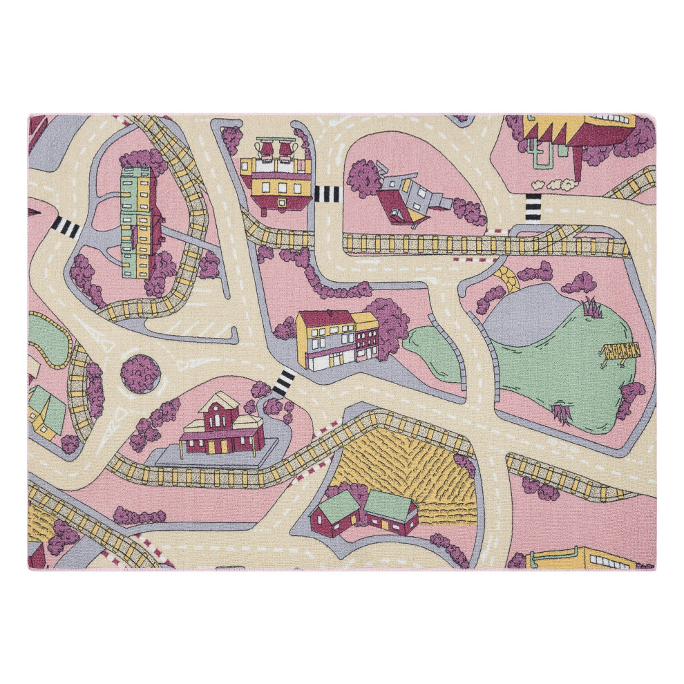 Rugsx Rebel Roads Carpet Playtime 63 Small Town, Non-Slip For Children - Pink / Beige 95X133 Cm
