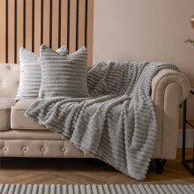 (Grey, 125 x 150cm (Blanket)) OHS Faux Fur Ribbed Cushions or Blankets Pack Jumbo Thick Ribbed Chunky Cord Cloud Soft Cosy Plump Plush Covers Filled Unfilled Throw Sofa C