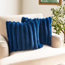 (Navy, 2 Pack Covers (Unfilled)) OHS Faux Fur Ribbed Cushions or Blankets Pack Jumbo Thick Ribbed Chunky Cord Cloud Soft Cosy Plump Plush Covers Filled Unfilled Throw Sofa C
