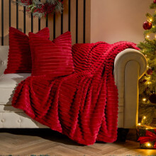 (Red, 4 Pack Cushions (Filled)) OHS Faux Fur Ribbed Cushions or Blankets Pack Jumbo Thick Ribbed Chunky Cord Cloud Soft Cosy Plump Plush Covers Filled Unfilled Throw Sofa C