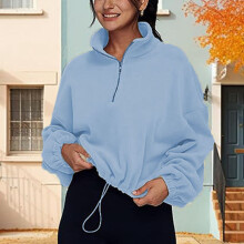 Women Half Zip Fleece Jacket with Stand Collar Light Blue S
