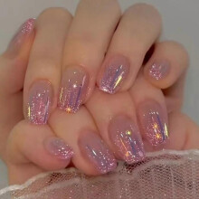 24pcs False Nails Short Square French Lace Pink Purple Print On Nails Aurora Meteor Design False Nails Full Cover Acrylic Adhesive Nails Kit