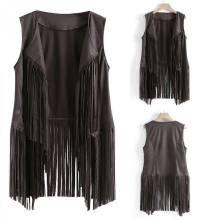 Women Vests Women Autumn Winter Suede Leather Ethnic Sleeveless Tassels Frill Waistcoat VestgreyS