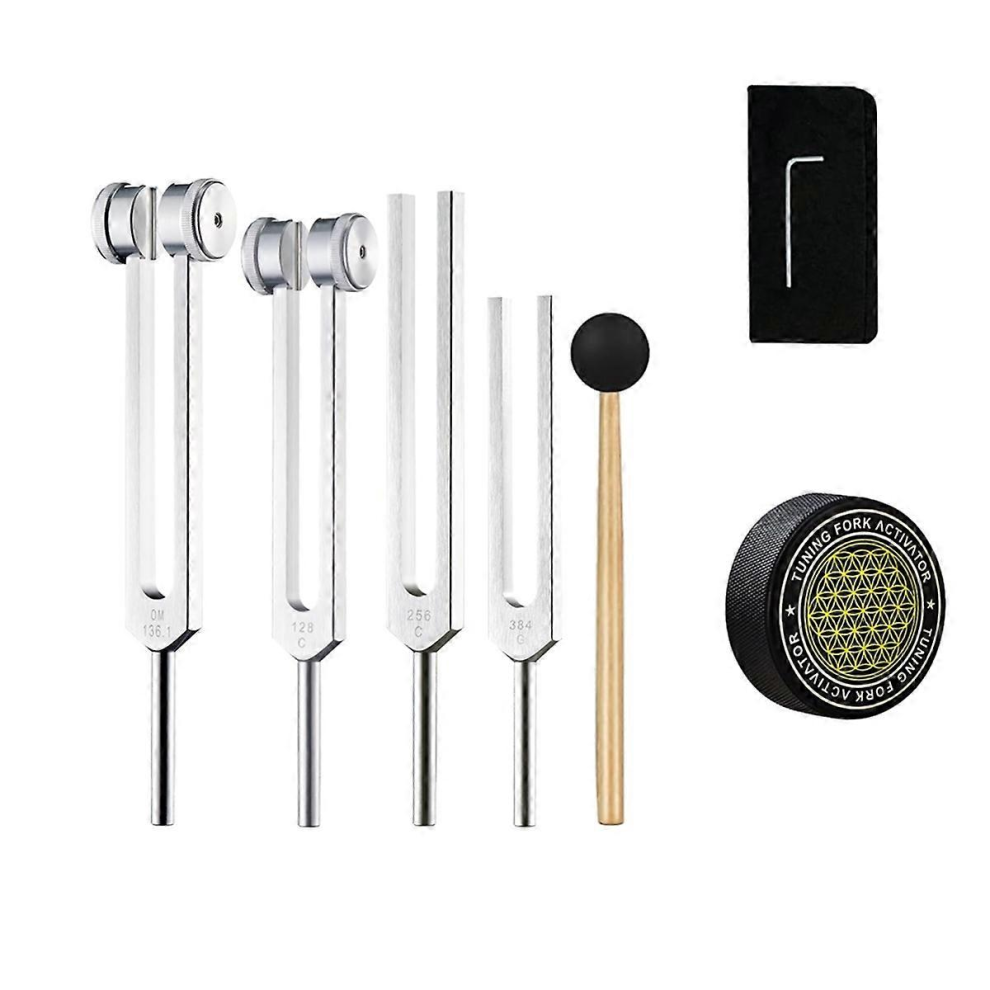 Tuning Forks for Healing Set, 128Hz, 136.1Hz, 256Hz, 384Hz,with Hockey Puck Activator , for Chakras, Sound TherapySilverBlack