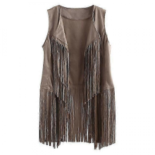 Women Vests Women Autumn Winter Suede Leather Ethnic Sleeveless Tassels Frill Waistcoat VestBeigeL