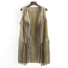 Women Vests Women Autumn Winter Suede Leather Ethnic Sleeveless Tassels Frill Waistcoat VestApricot colorXL