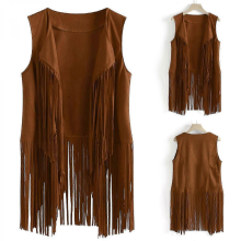 Women Vests Women Autumn Winter Suede Leather Ethnic Sleeveless Tassels Frill Waistcoat Vestkhaki2XL