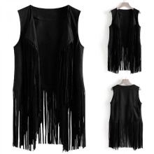 Women Vests Women Autumn Winter Suede Leather Ethnic Sleeveless Tassels Frill Waistcoat VestblackS