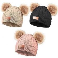 Kids Winter Pompom Hat Knitted Ski Beanie Hat Double Pom Beanie Cap for Girls Boys, for 1-4 Years Old