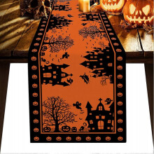 Halloween House Table Runner 90 Inches Long, Haunted House Orange Black Pumpkins Table Runner