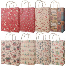 16pcs Christmas Kraft Gift Bags 8 Patterns Christmas Paper Bags with Handles,Moose Snowflake Snowman Xmas Tree Design Gift Wrapping Bag,for Xmas Gift