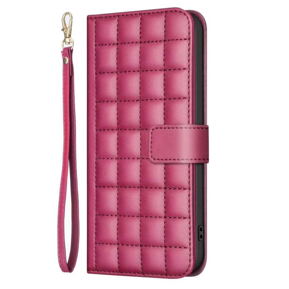 Case For Iphone 16 Plus Embossed Lattice Pu Leather Shockproof Rfid Blocking Bumper Card Holder Kickstand Red 9354506898342