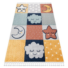 Tapete YOYO GD52 cinza / amarelo - Estrelas, nuvens, patchwork de pelúcia para crianças, estrutural, sensorial Franjas 80x150 cm