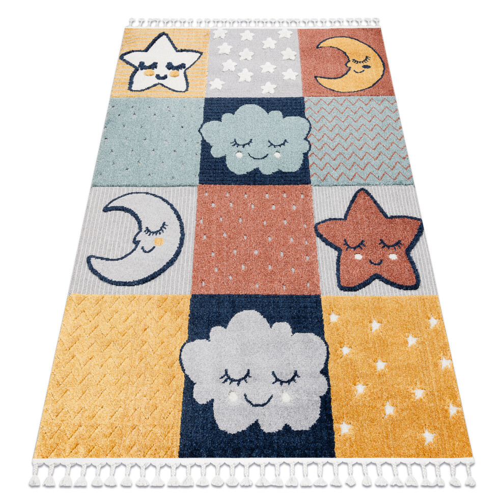Carpet Yoyo Gd52 / Yellow - Stars, Clouds, Patchwork For Children, Structural, Sensory Fringes 80X150 Cm Grey Rugsx