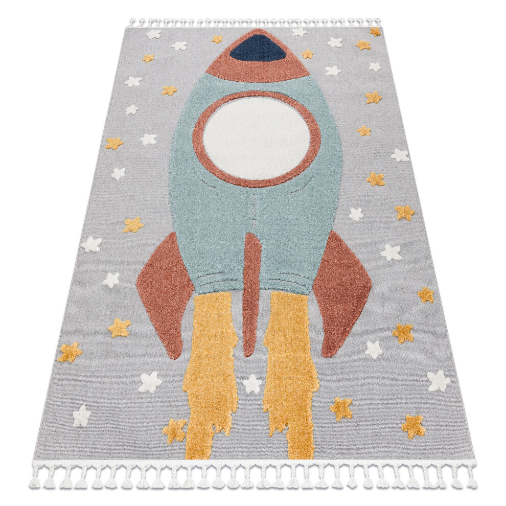 Carpet Yoyo Gd55 / Blue - Stars, Rocket For Children, Structural, Sensory Fringes 120X170 Cm Grey Rugsx