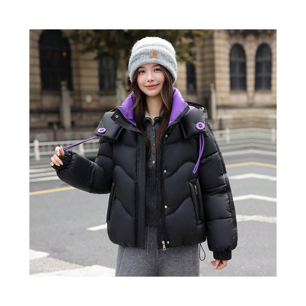 (black, XL) Down jacket for women 2025 winter short style small size color matching thickened cotton jacket
