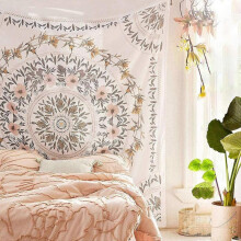 Sketched Floral Medallion Tapestry, Bohemian Mandala Wall Hanging Tapestries, Indian Art Print