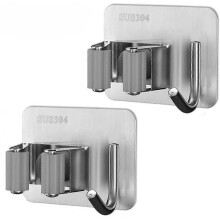 Broom Mop Holder,  2-Pack Stainless Steel Wall Mounted Self Adhesive Brush Handle Holders with Hook Hanger