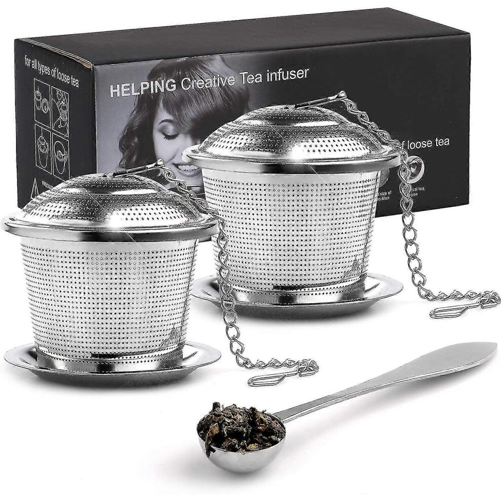 Wishstream Tea Infuser, 2-Step Stainless Steel Tea Strainer with Spoon and Drip Trays, Extra Fine Mesh Tea Filter with Extended Chain Hook for L