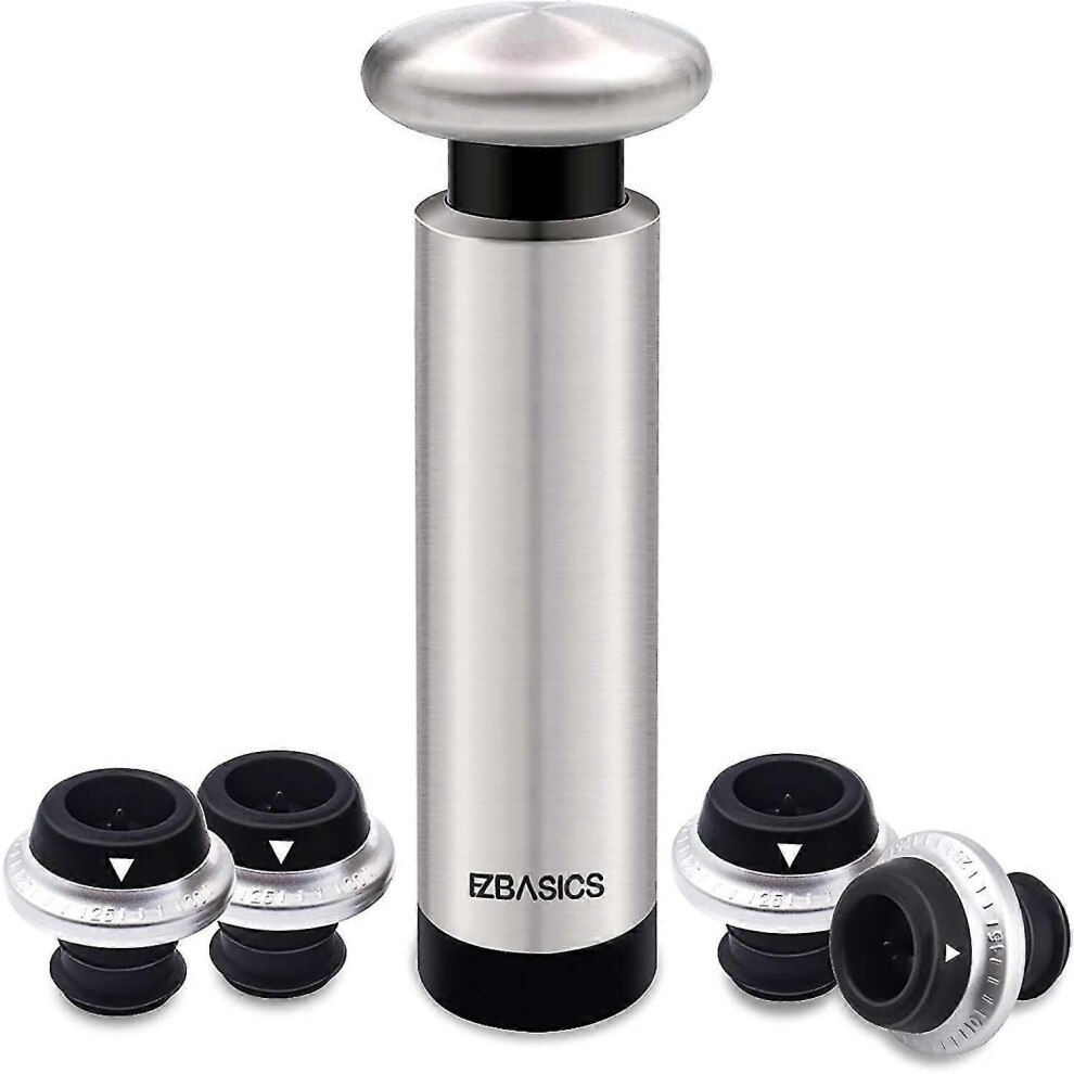 Wine Saver Vacuum Pump with 4 Wine Bottle Stoppers, Stainless Steel